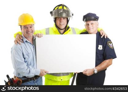 Construction worker, fireman, and policeman holding a blank white sign. Isolated on white.