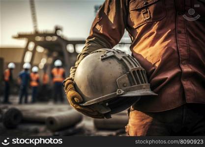 Construction worker holding a safety helmet. Neural network AI generated art. Construction worker holding a safety helmet. Neural network AI generated