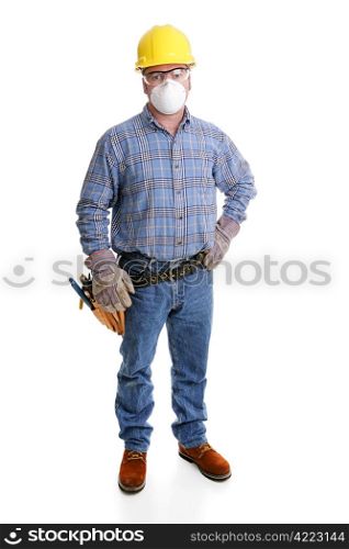 Construction worker in full safety gear according to OSHA standards, including hardhat, goggles, dust mask, gloves, and steel-toed work boots. Full body isolated on white.