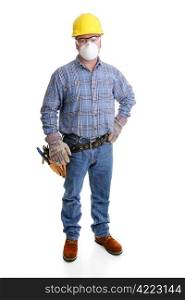 Construction worker in full safety gear according to OSHA standards, including hardhat, goggles, dust mask, gloves, and steel-toed work boots. Full body isolated on white.