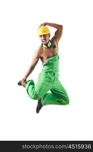 Construction worker jumping and dancing