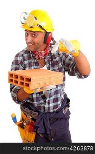 Construction worker offering services, isolated over white