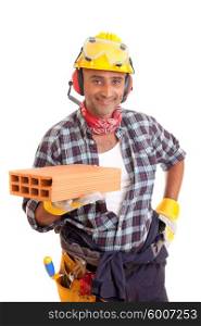 Construction worker offering services, isolated over white