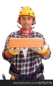 Construction worker offering services, isolated over white