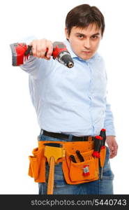 Construction worker pointing electric screwdriver as a gun in camera