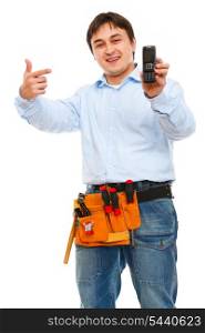 Construction worker pointing on mobile