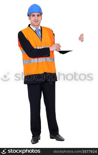 Construction worker poster showing white