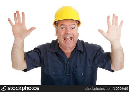 Construction worker screaming in terror. Isolated on white.