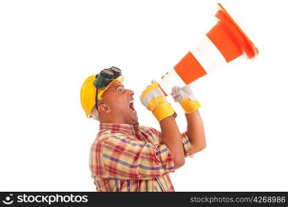 Construction worker screaming, isolated on white