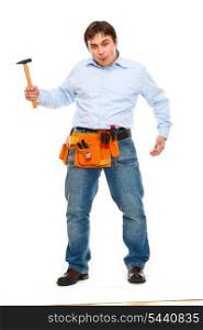 Construction worker showing monkey with hammer. Unskillful tool treatment concept&#xA;