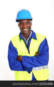 Construction worker standing on white background