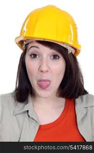 Construction worker sticking her tongue out