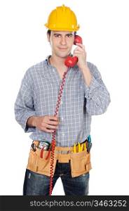 Construction worker talking on the phone a over white background