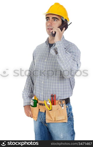 Construction worker talking on the phone a over white background