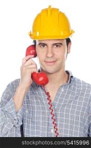Construction worker talking on the phone a over white background