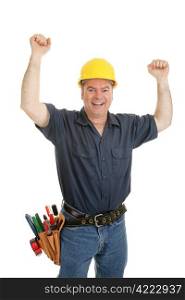 Construction worker throwing his arms up in joy. Isolated on white.