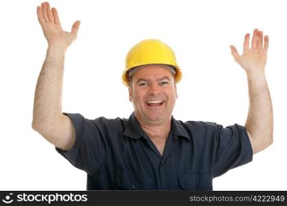 Construction worker throwing up his hands in joy. Isolated on white.
