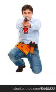 Construction worker using pointing drill as a gun in camera&#xA;