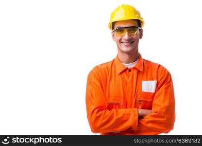 Construction worker wearing hard hat isolated on white