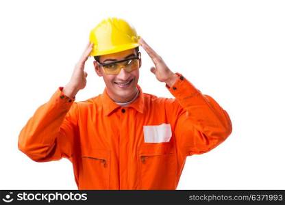 Construction worker wearing hard hat isolated on white
