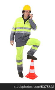 Construction worker with a walkie talkie