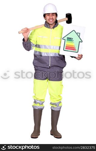 Construction worker with an energy rating card