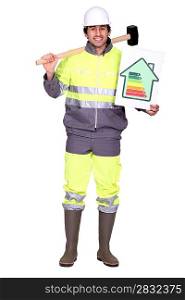 Construction worker with an energy rating card