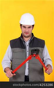 Construction worker with boltcutters