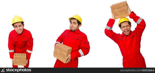 Construction worker with clay bricks on white