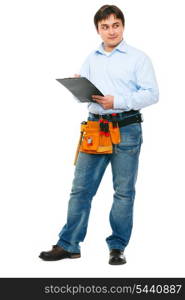 Construction worker with clipboard looking on side