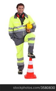 construction worker with cone