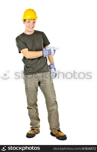 Construction worker with hard hat pointing to the side isolated on white background