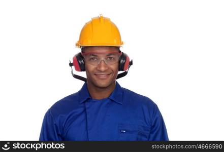Construction worker with helmet and glasses isolated on a white background