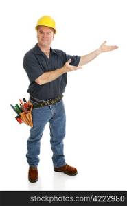 Construction worker with his hands in a presenting gesture. Full body on white.