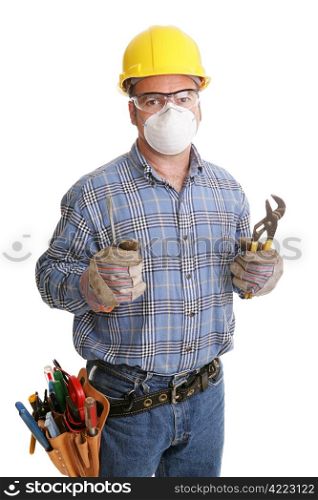 Construction worker with his tools and safety equipment. All safety equipment depicted is in compliance with OSHA standards. Isolated on white.