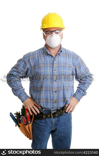 Construction worker with his tools and safety gear, including hardhat, goggles, and dust mask. All equipment is depicted in accordance with industry safety standards.