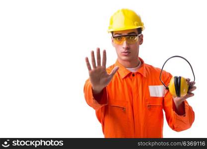 Construction worker with noise cancelling earphones