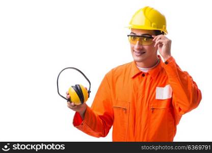 Construction worker with noise cancelling earphones