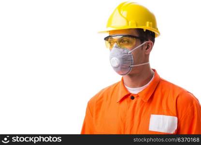 Construction worker with protective mask isolated on white