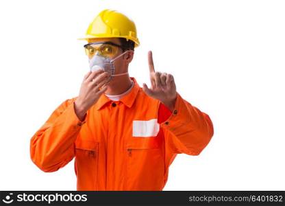 Construction worker with protective mask isolated on white
