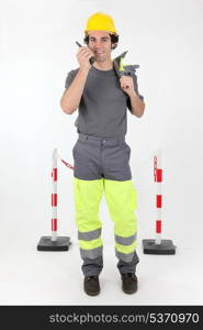 Construction worker with radio receiver
