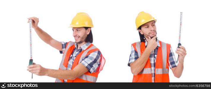Construction worker with tape-line isolated on white