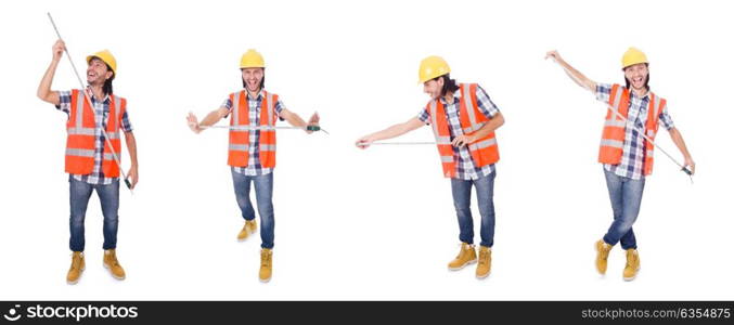 Construction worker with tape-line isolated on white. Foreman with tape-measure isolated on white