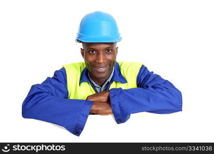 Construction worker with whiteboard isolated