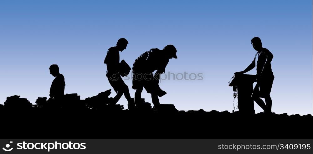 Construction workers put shingles on a roof. Silhouettes