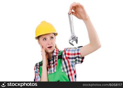 Constructon worker female with wrench isolated on white