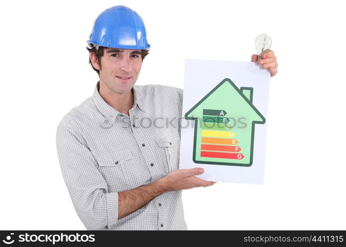 Constructor holding energy rating sign