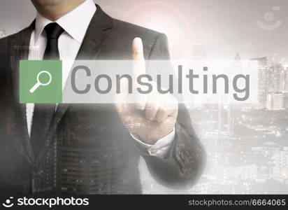 Consulting browser with businessman and city concept.. Consulting browser with businessman and city concept