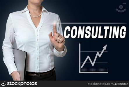 consulting touchscreen is operated by businesswoman. consulting touchscreen is operated by businesswoman.