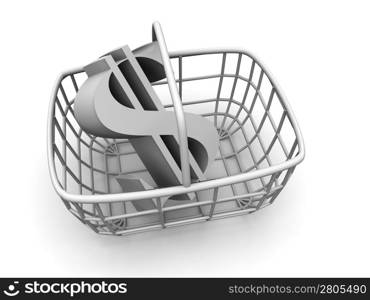 Consumer basket with dollar. 3d